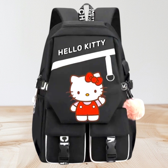 HELLO KITTY Limited Edition Large Black Backpack With Pink Pom Pom Keychain - Picture 6 of 7